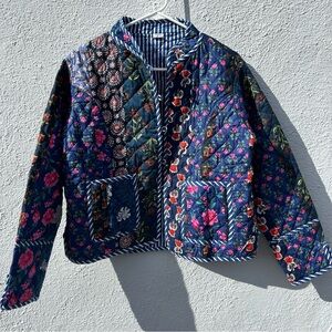 Quilted Block Print Cotton Jacket Kantha Floral Patchwork Boho size L REVERSIBLE